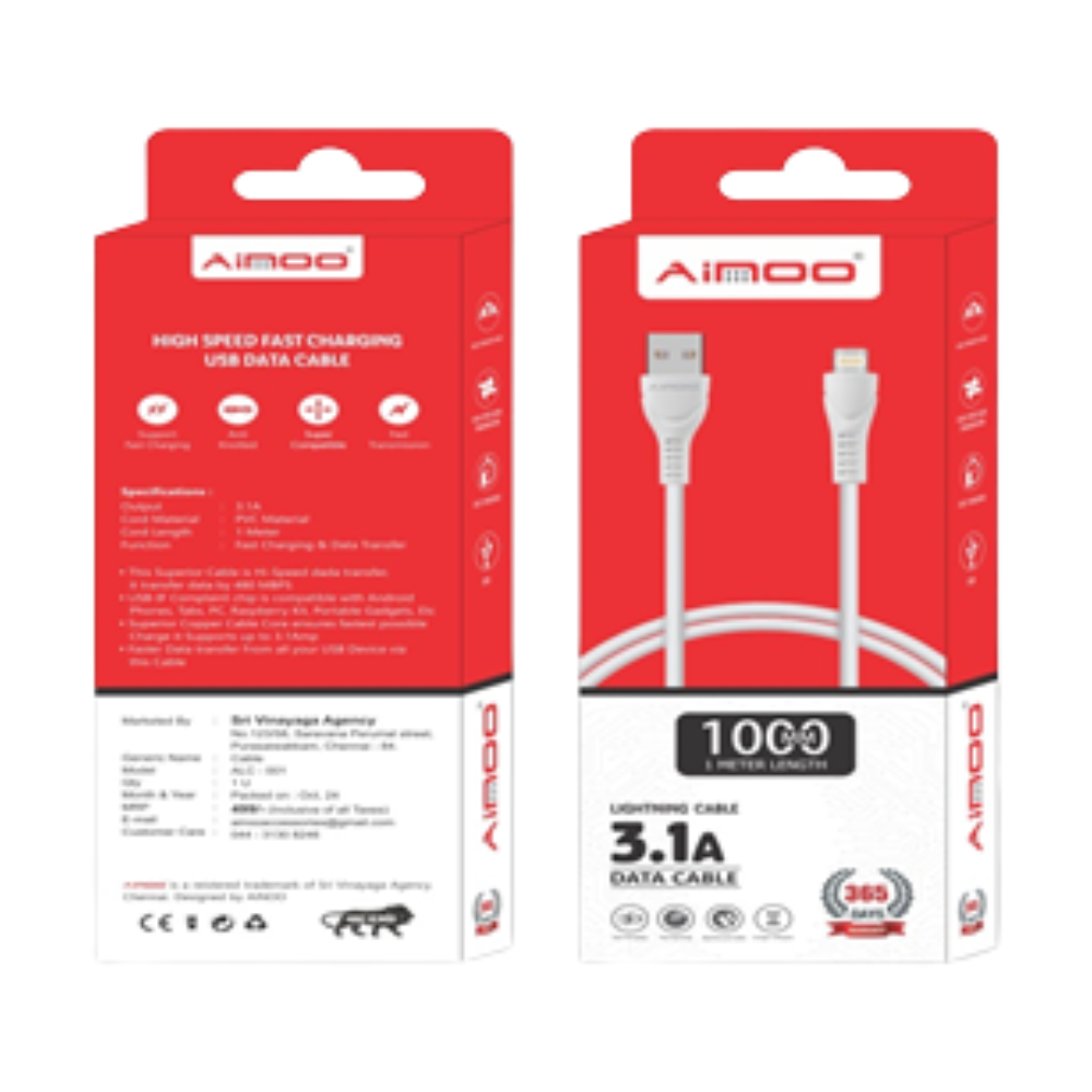 Ainoo 3.1A Lightning Fast Charging Data Cable – 1 Meter